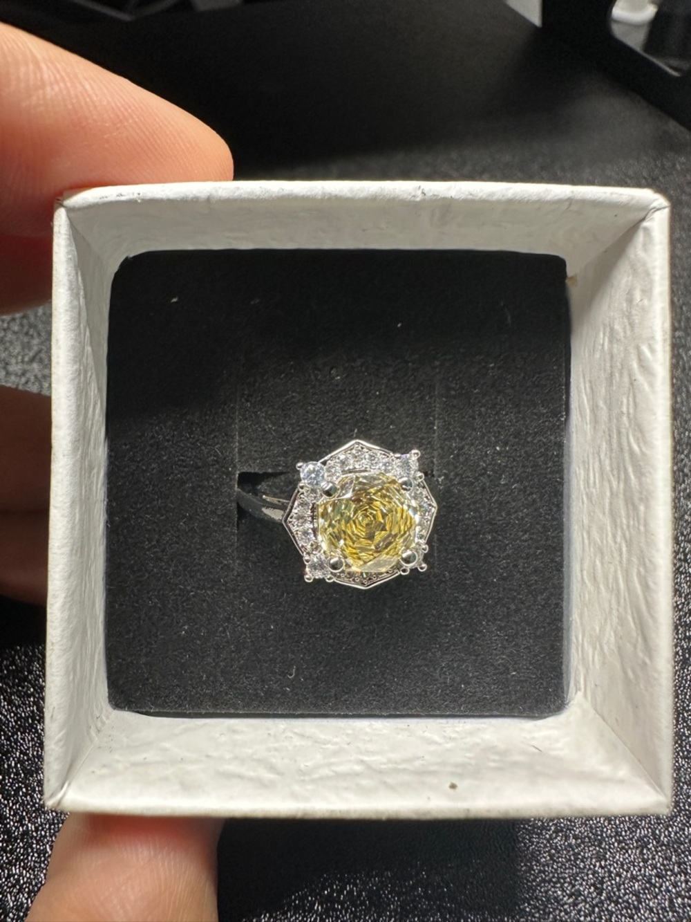 Yellow Statement Ring Halo Style Adjustable Silver Tone Sparkly Ring - Picture 6 of 6
